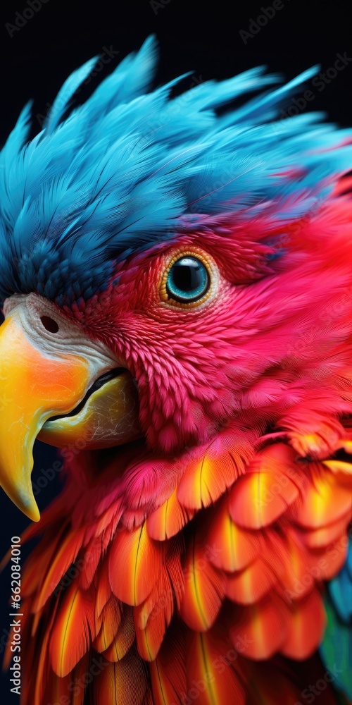 Fototapeta premium A vibrant parrot against a striking black backdrop