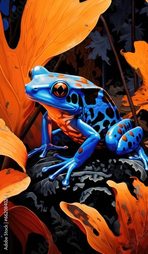 A blue and black frog sitting on a leaf-covered ground © pham