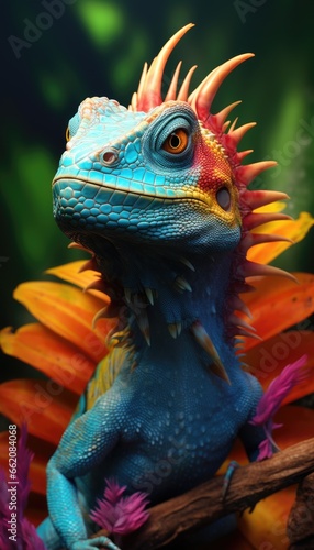 A vibrant lizard perched on a tree branch