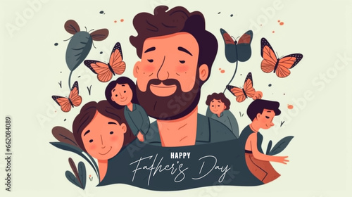 Flat designs Father's Day vector illustration, Dads taking care of their children. Concept of fatherhood, parenting, and childhood.