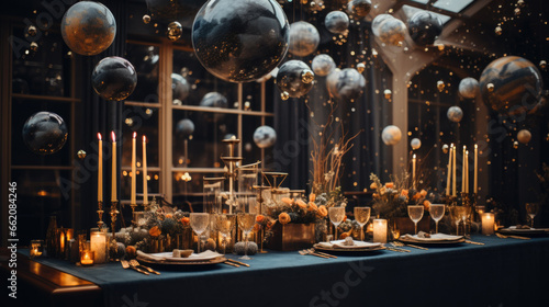 Festively decorated table with decorations in the colors black and gold