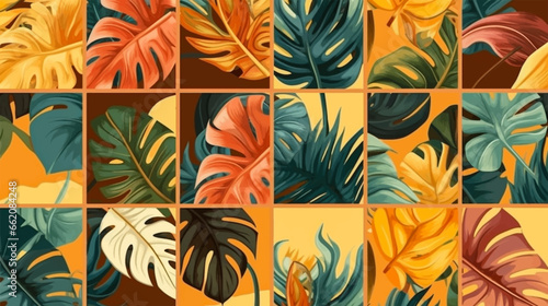 Abstract trendy summer leaves seasonal set collection background. Summer landscape vacation concept, background for social media and printable, banner, greeting card, poster and advertising vector.