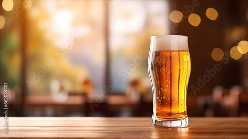 fresh beer on a wooden table with empty space