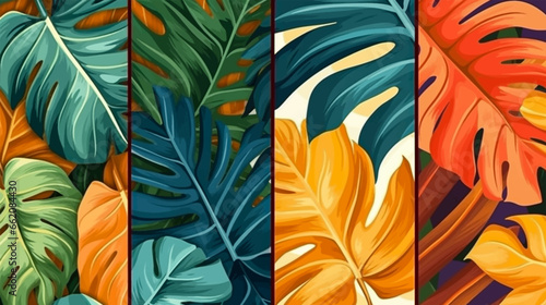 Abstract trendy summer leaves seasonal set collection background. Summer landscape vacation concept, background for social media and printable, banner, greeting card, poster and advertising vector.