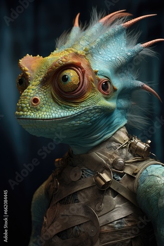 A lizard wearing a costume up close