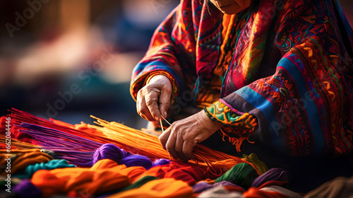 Bolivian cholita weaving traditional Bolivian ponchos, local Latin American tradition and culture, indigenous and national customs, Bolivian women working the fabric with their hands