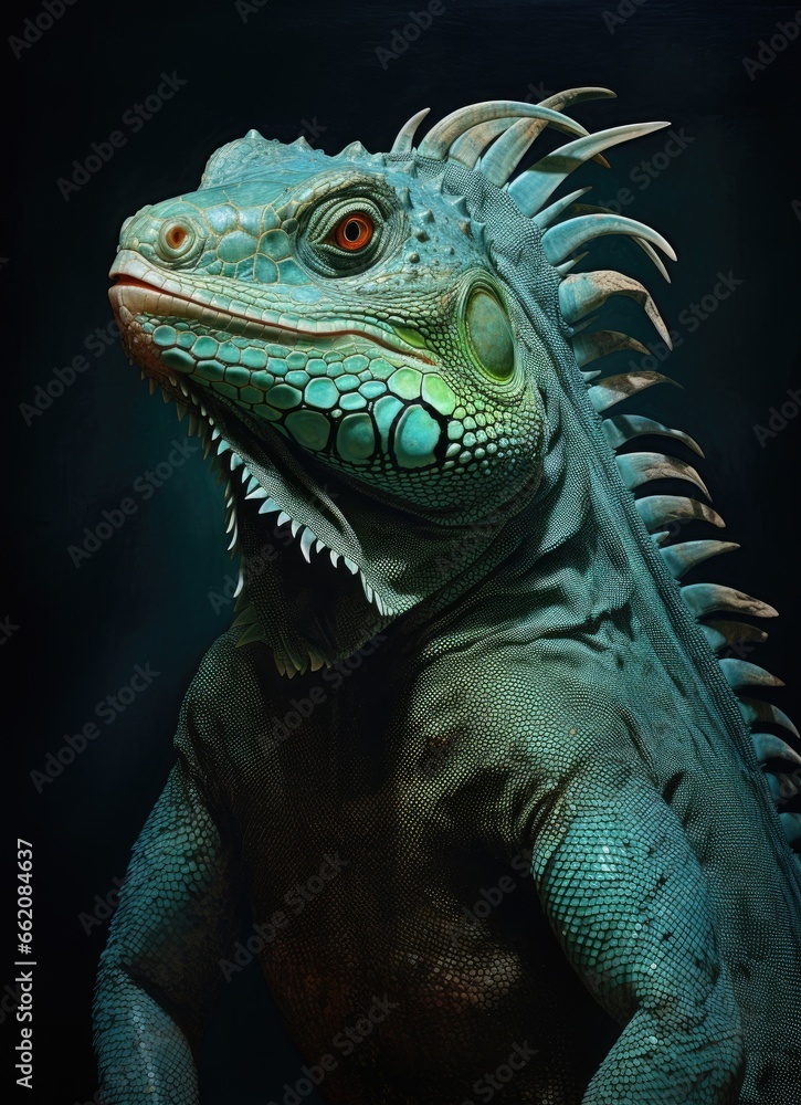 Fototapeta premium A majestic green iguana perched on a dark background