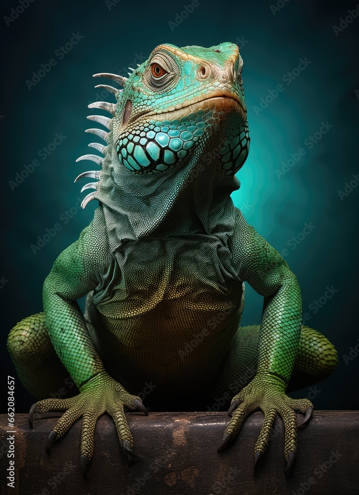 Fototapeta premium An iguana perched on a wooden log in its natural habitat