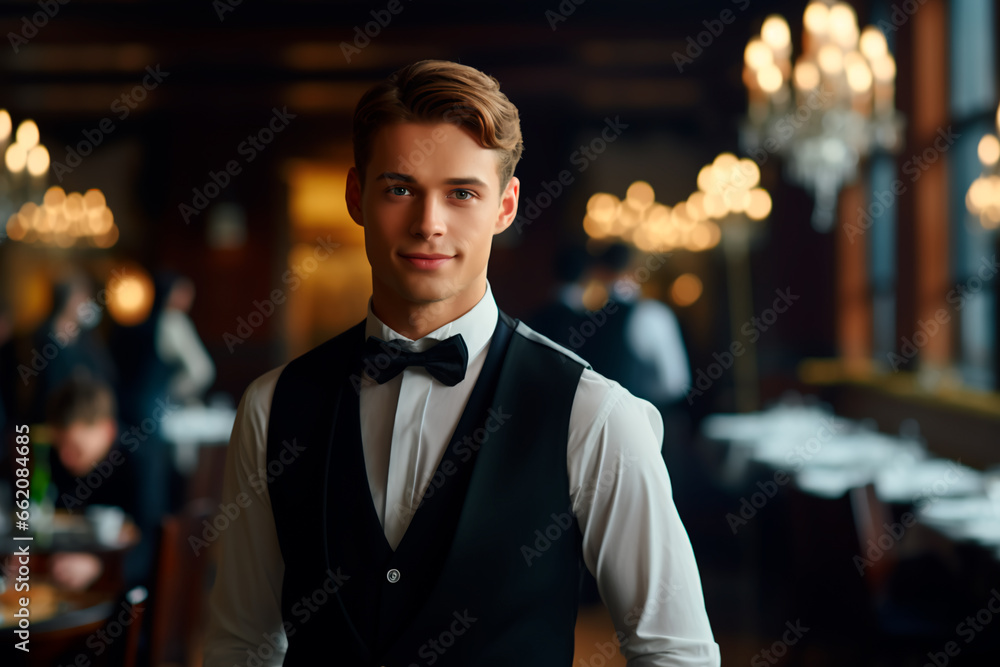 A handsome waiter with a European appearance in a nice suit on the background of a restaurant. A handsome waiter with a European appearance in a nice suit on the background of a restaurant.