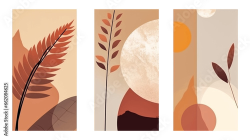 Set collection of abstract modern trendy contemporary Landscape, sun, leaves, botanical, floral elements. Hand drawn for wallpaper, wall decor, card, print, flyer, banner, social media post vector