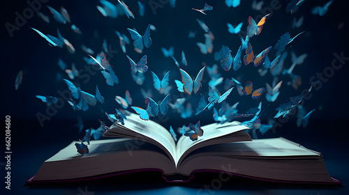 A blue open book with paper pages flying from it