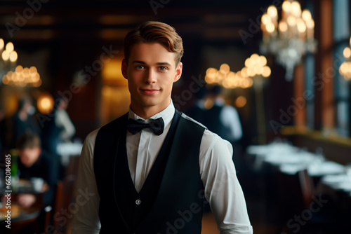 A handsome waiter with a European appearance in a nice suit on the background of a restaurant.