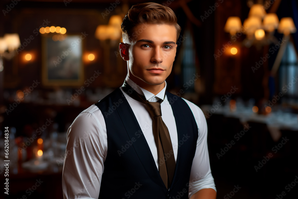 Fototapeta premium A handsome waiter with a European appearance in a nice suit on the background of a restaurant.