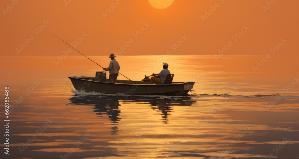 Two men fishing in a small boat at sunset