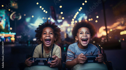 african american kids playing video games happy and excited, video game consoles, fun moments with friends photo
