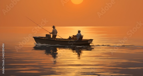 Two men fishing in a small boat at sunset