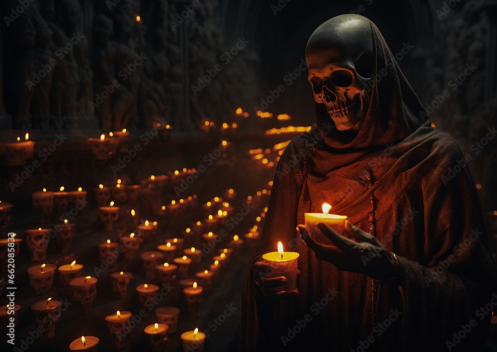 closeup person holding candle room hooded skull heaven hell production monks entertainment - obrazy, fototapety, plakaty 
