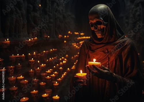 closeup person holding candle room hooded skull heaven hell production monks entertainment