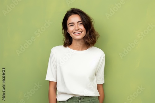 A woman posing in front of a vibrant green wall