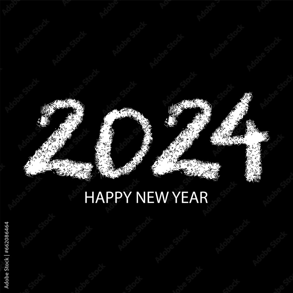 Happy New Year 2024. Hand drawn brush lettering on black background. Grunge style. Happy New Year 2024. Hand drawn brush lettering on black background. Grunge style.