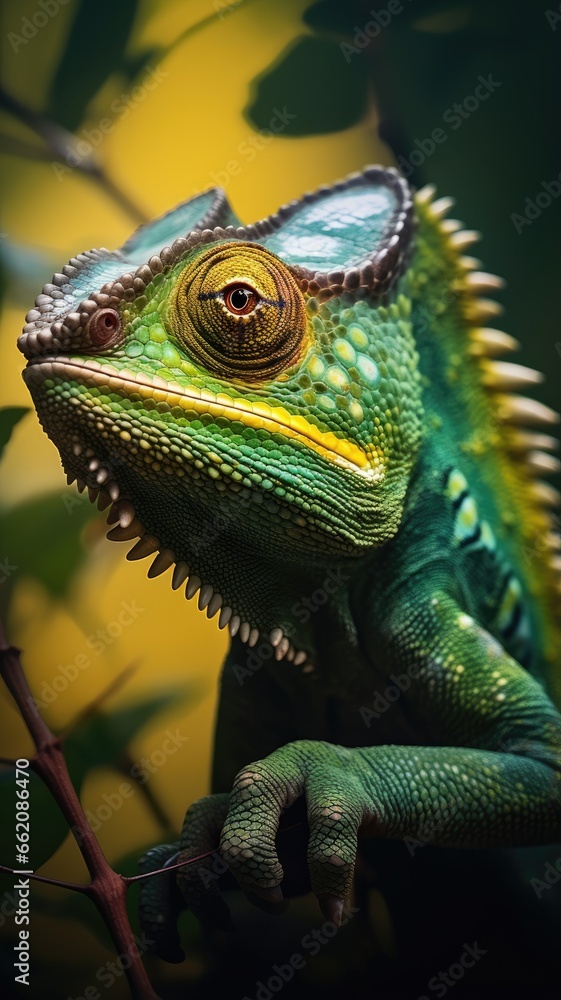 Fototapeta premium A vibrant green and yellow chameleon up close