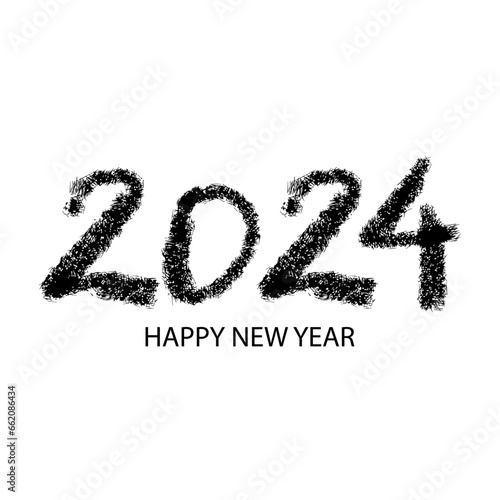 Happy New Year 2024. Hand drawn brush lettering on white background. Grunge style.