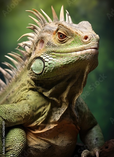 An iguana perched on a branch  showcasing its vibrant scales and captivating gaze