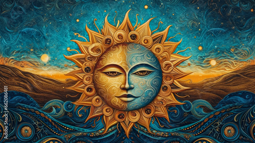 Abstract luxury gold and blue oriental style background. Chinese and Japanese oriental art with golden texture. Wallpaper design with gold sun, Ocean and wave element vector illustration.