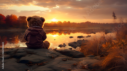 Serene Teddy Bear Enjoying the Sunset from Behind