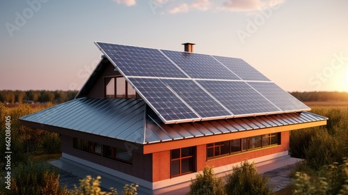 Solar panel on factory or house roof top. Photovoltaic power supply systems. Solar power plant. The source of ecological renewable energy, environment, power, technology