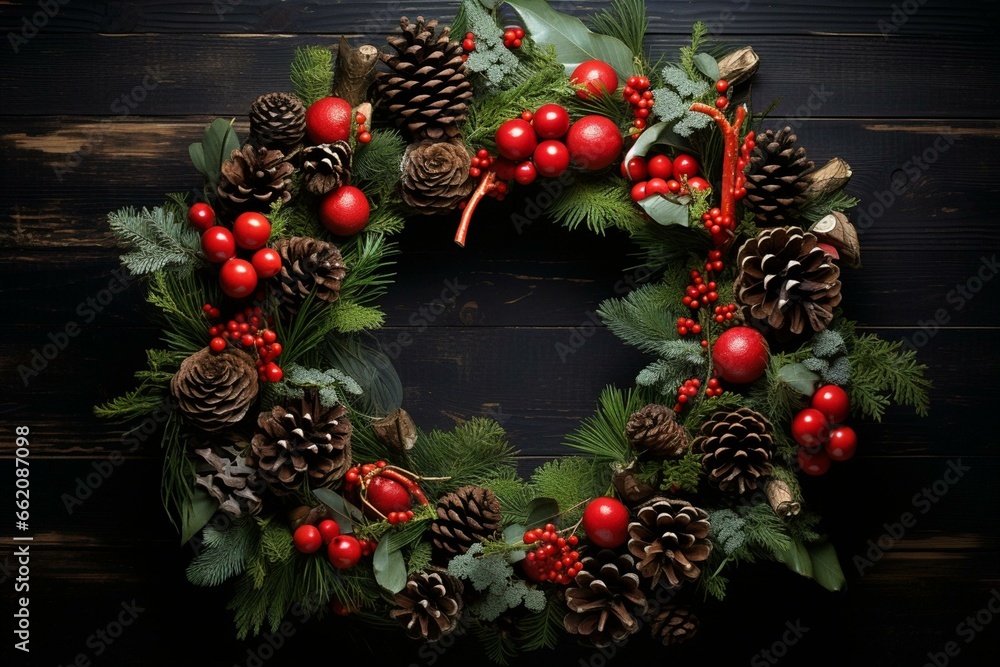 Festive wreath with spruce, cones, holly berries. Generative AI