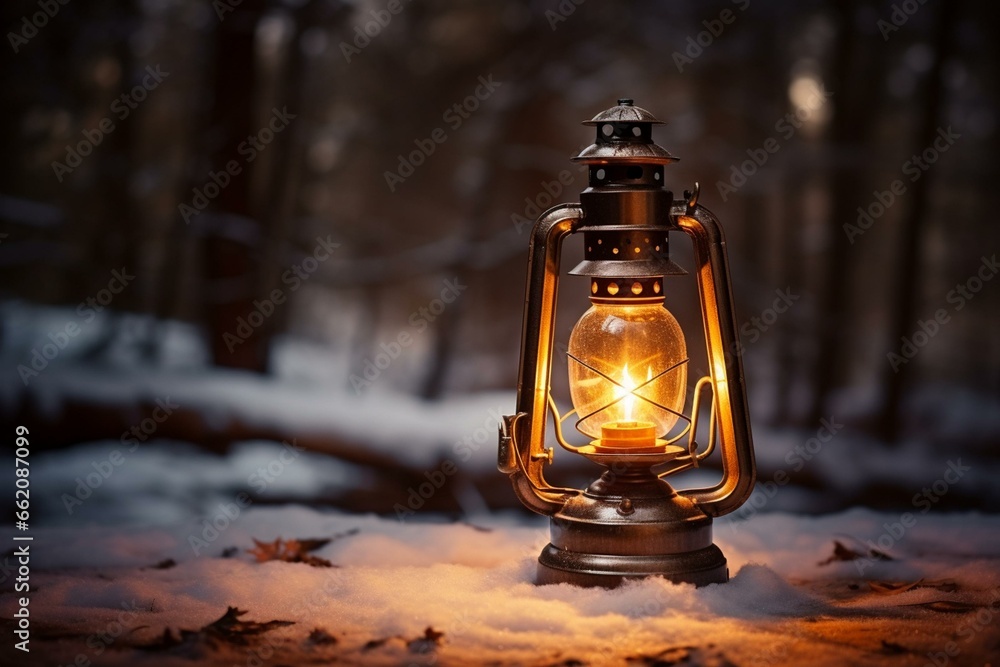 A vintage lamp with illuminated candle during winter. Generative AI