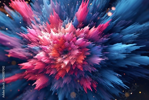 A colorful burst of particles creating unique patterns in blue and pink. Generative AI