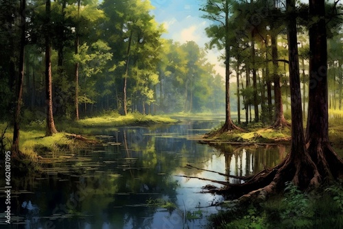 Outdoor landscape featuring woods and a serene water body. Generative AI