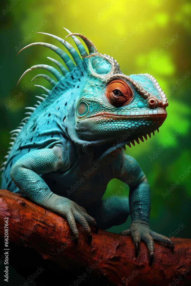 Fototapeta premium a lizard perched on a tree branch, showcasing its vibrant colors and unique scales