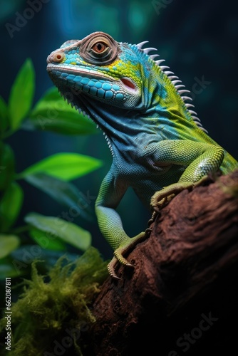 a colorful lizard perched on a branch in a natural setting