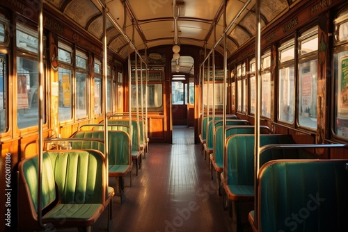 Front view of nostalgic tram interior. Generative AI