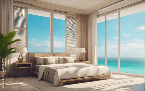 drawing corner bedroom with large glass door beach front seabreeze on the sea view hotel luxury house and villa © Chayanan