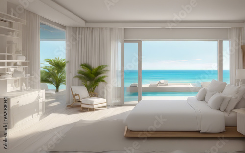 drawing corner bedroom cream tone with open large glass door beach front seabreeze on the sea view hotel luxury house and villa © Chayanan