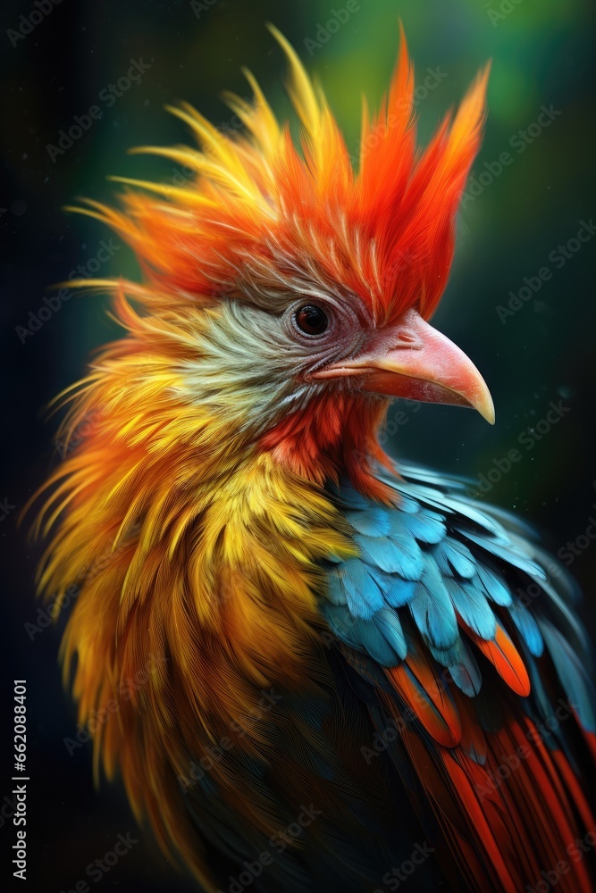 a vibrant and colorful bird with red, yellow, and blue feathers
