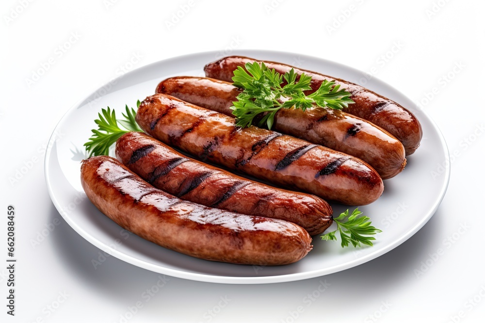 grilled sausages on a plate isolated on white background grilled sausages on a plate isolated on white background