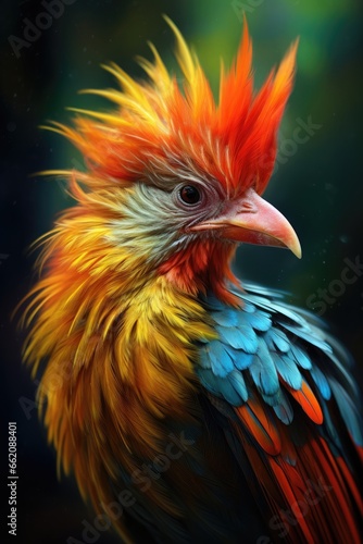 a vibrant and colorful bird with red, yellow, and blue feathers