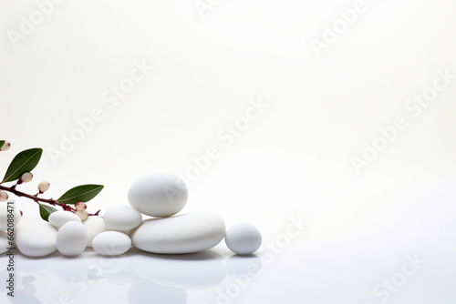 Organic Spa Serenity: Green Leaves, White Berries, and Pebbles – Wellness and Balance Concept
