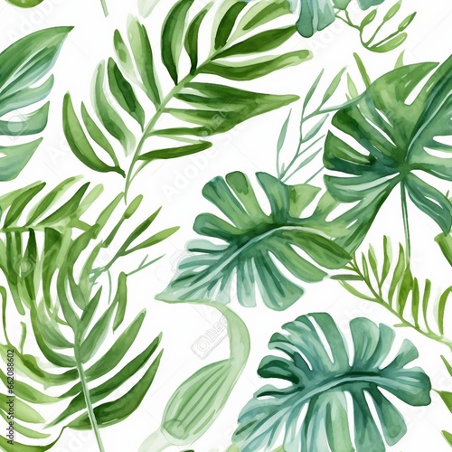 Exotic leaves, rainforest. Seamless, hand painted, watercolor pattern. Vector background. generative ai