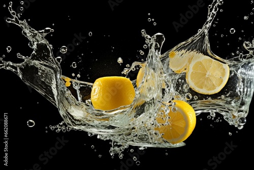 Falling ice and lemon in water isolated on white. Generative AI