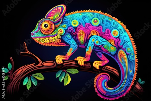 A vibrant chameleon perched on a tree branch © pham