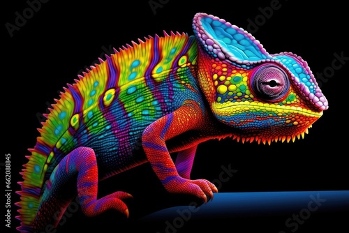 A brightly colored chameleon perched on a table © pham