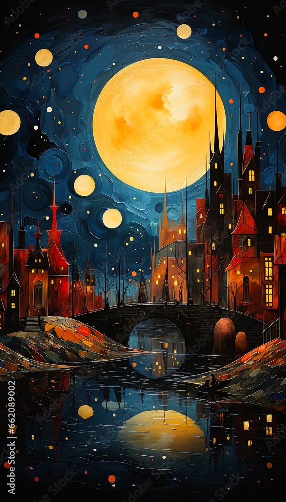 city night full moon bundle pop surrealism orange sky magical dreamy - obrazy, fototapety, plakaty 