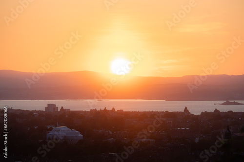 Warm Sunset over city. Golden hour.Landscape photography