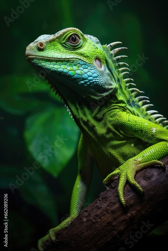 A vibrant green lizard perched on a tree branch © pham